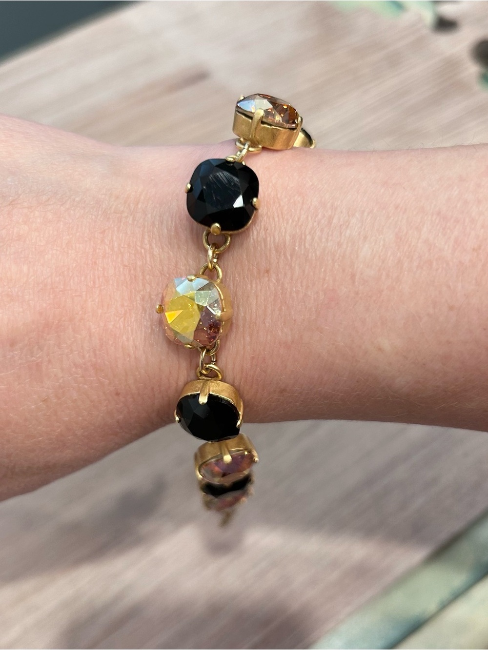 Catherine Popesco Swarovski Crystal Old Gold Tone Black & Champagne Bracelet 8.5